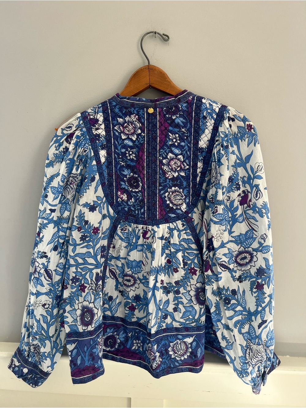 Antik Batik Blue Floral Boho Blouse Quilted Yoke Puff Sleeve Top M - Picture 2 of 4